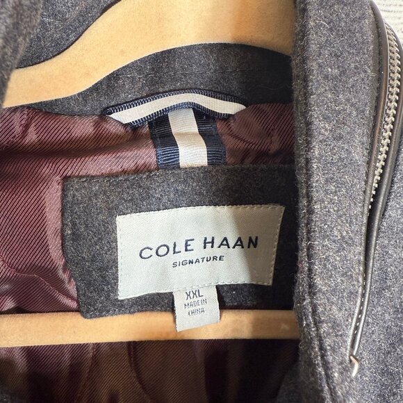 Cole Haan Wool Blend Gray Melton Zip Up Coat Jacket With Leather Details Sz XXL - Picture 2 of 12